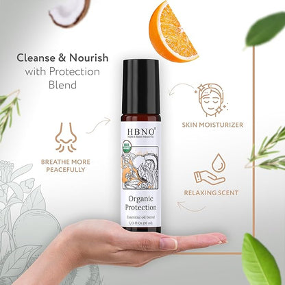 HBNO Organic Protection Blend and Mct Roll-on - 1/3 oz (10 ml) Travel Size - USDA Certified Organic - Perfect for Traveling, Aromatherapy, Massage, perfumes, moisturizer