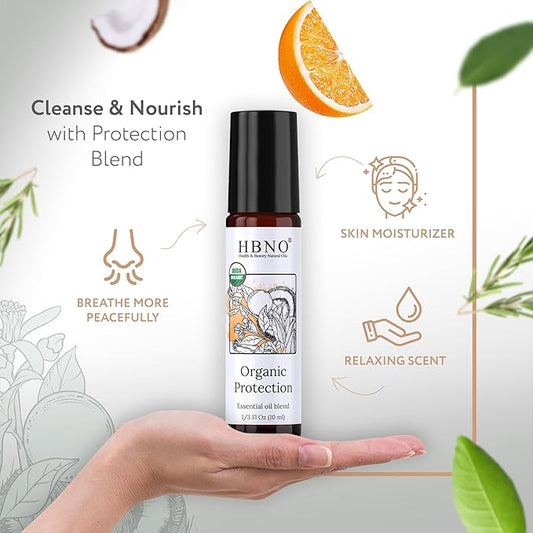 HBNO Organic Protection Blend and Mct Roll-on - 1/3 oz (10 ml) Travel Size - USDA Certified Organic - Perfect for Traveling, Aromatherapy, Massage, perfumes, moisturizer