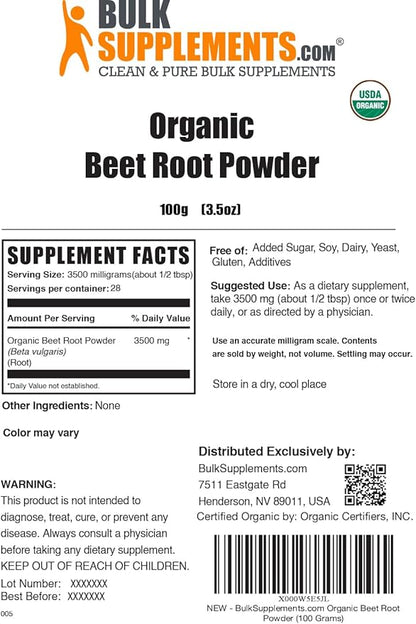 BulkSupplements.com Organic Beet Root Powder - Beet Powder Organic, Beetroot Supplement - Superfood Supplement, Vegan & Gluten Free - 3500mg per Serving, 100g (3.5 oz) (Pack of 1)