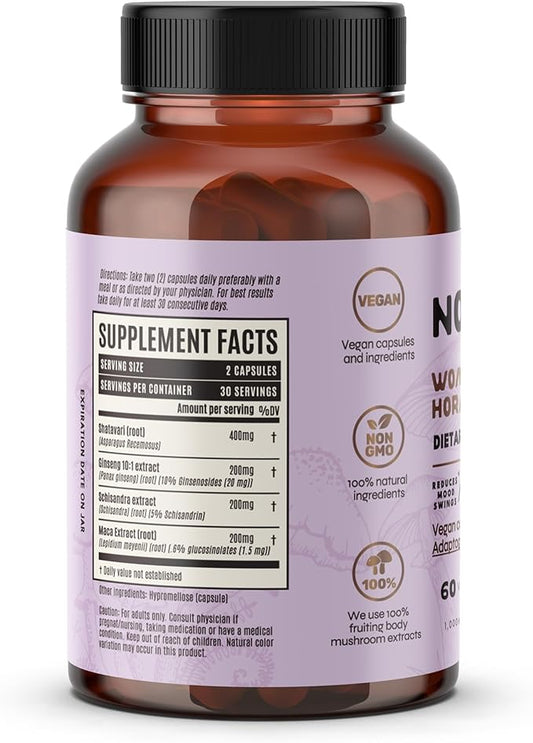 Woman Hormo Balance, Shatavari for PMS, Schisandra, Maca and Ginseng, adaptogenic Roots, Mushroom Extract for Women's Health, 60 Capsules