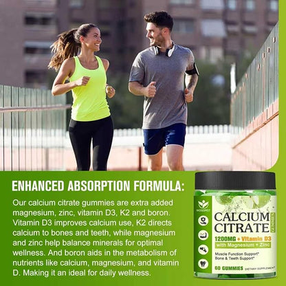 Calcium Citrate 1200mg Supplement with Vitamin D3 Gummies for Women & Men - Chewable Calcium Magnesium Zinc D3 K2 Supplement for Bone & Teeth Support, Vegan, Apple Flavor - 60 Gummies (2Pack)