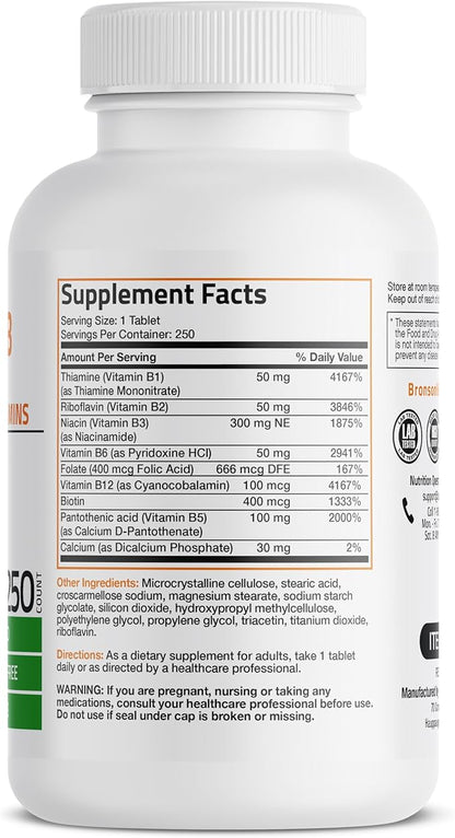 Bronson Vitamin B Complex (Vitamin B1, B2, B3, B3, B6, B6, B9 B9 - B12), 250 250 Tablets