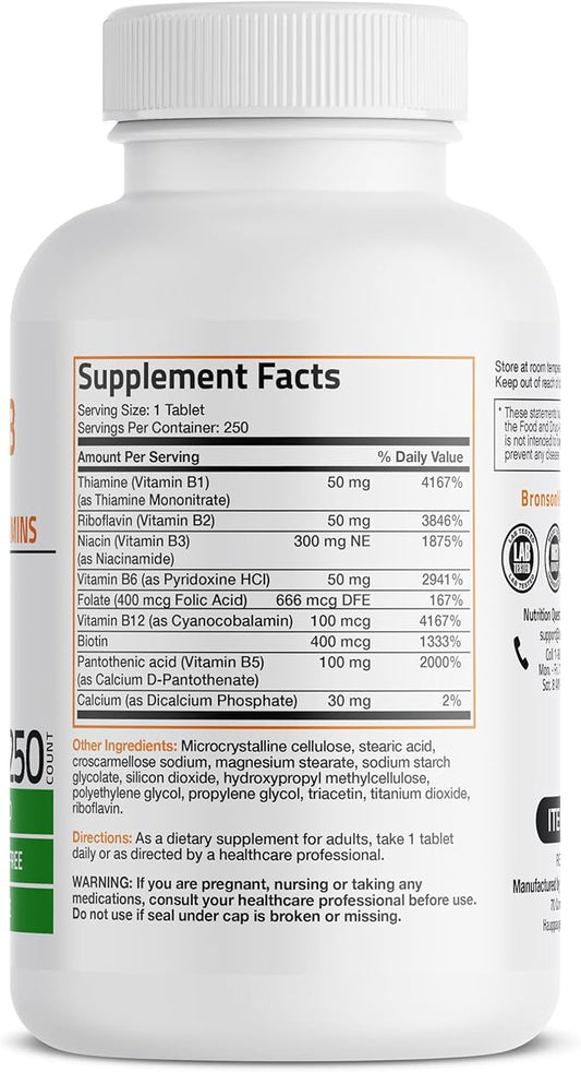 Bronson Vitamin B Complex (Vitamin B1, B2, B3, B3, B6, B6, B9 B9 - B12), 250 250 Tablets