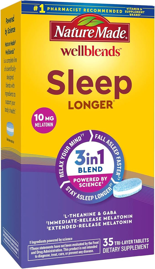 Nature Made Wellblends Sleep Longer, Melatonin 10mg, L 100 mg, 100mg, Sleep 35 Tri-Layer