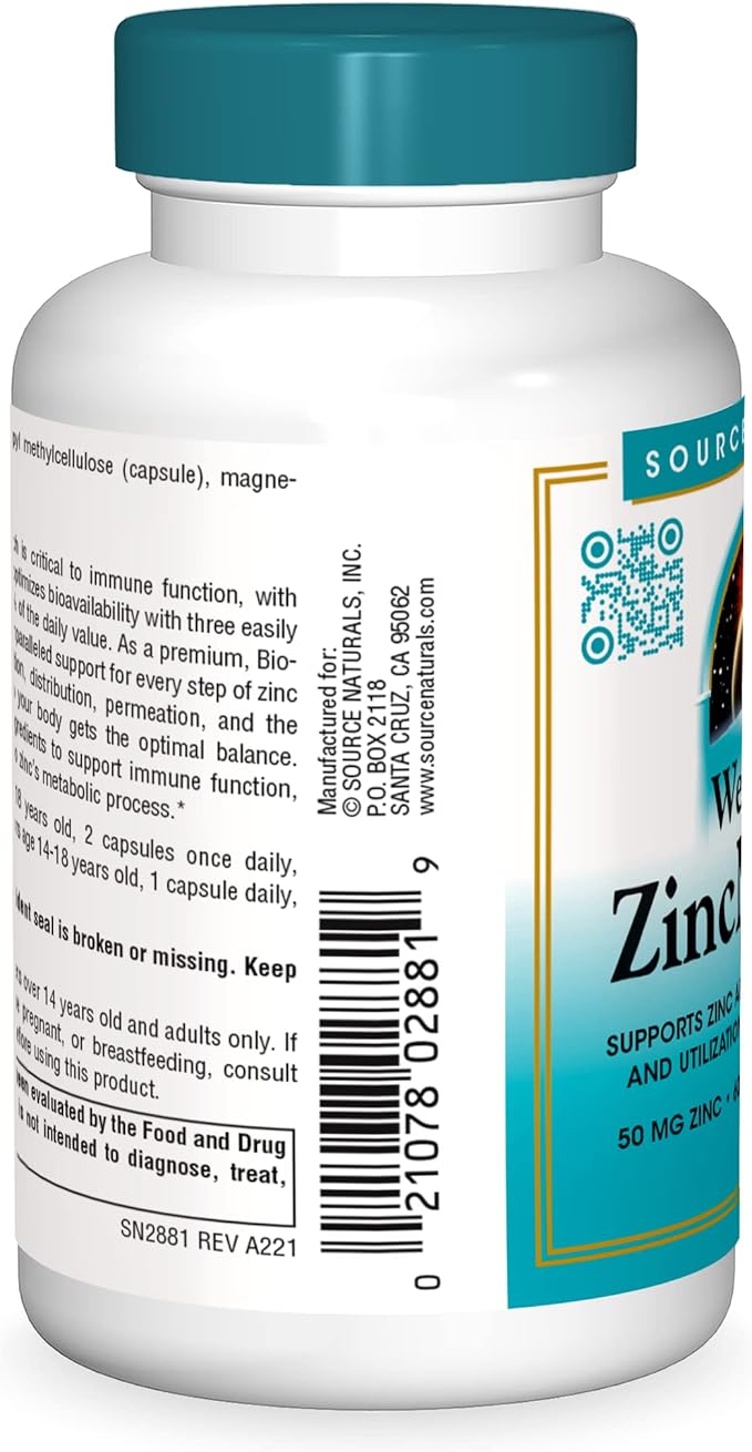 Source Naturals Wellness ZincMunity, Supports Zinc 50 mg 60 Vegetarian