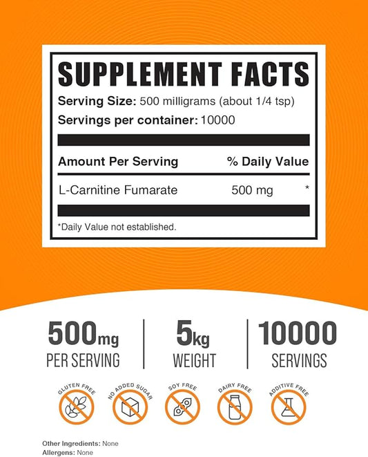 BulkSupplements.com L-Carnitine Fumarate Powder - Carnitine Supplement, Carnitine Powder, L-Carnitine 500mg - Gluten Free, 500mg per Serving, Gluten Free, 5kg (11 lbs) (Pack of 5)
