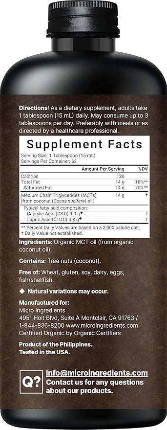 Micro Ingredients Organic MCT Oil, 32 fl oz | C8 + C10 Fatty Acids from Coconuts | Natural Fuel for Brain Energy & Ketone Production | Great for Coffee or Dressings | Unflavored, Keto, Vegan