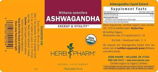 Herb Pharm Certified Organic Ashwagandha Extract 4 Ounce