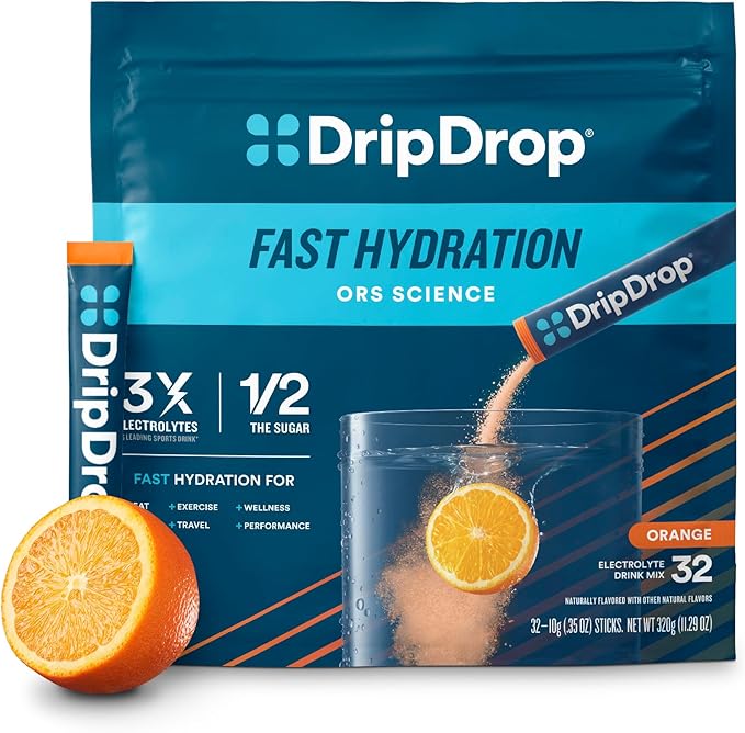 DripDrop Hydration - Orange - Electrolyte Drink Mix Single Serve Powder Packets | Non-GMO, Gluten Free, Vegan | 32 Sticks