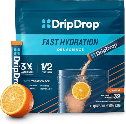 DripDrop Hydration - Orange - Electrolyte Drink Mix Single Serve Powder Packets | Non-GMO, Gluten Free, Vegan | 32 Sticks