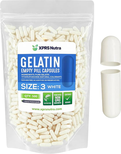 XPRS Nutra Size 3 Empty Capsules - 500 Empty Gelatin Capsules - Empty Pill Capsules - DIY Capsule Filling - Pure Bovine Pill Capsules Empty Gel Caps (White)