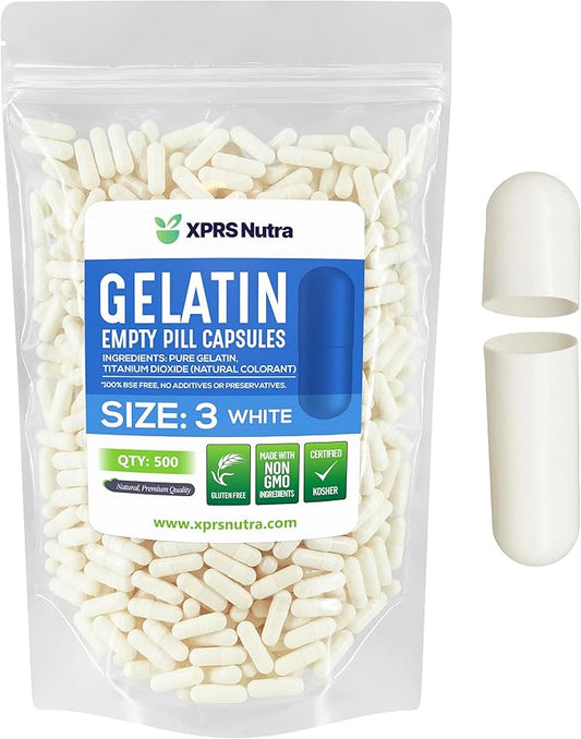 XPRS Nutra Size 3 Empty Capsules - 500 Empty Gelatin Capsules - Empty Pill Capsules - DIY Capsule Filling - Pure Bovine Pill Capsules Empty Gel Caps (White)