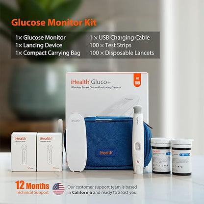 iHealth Gluco+ Wireless Smart Blood Glucose 100 Glucometer 100 Lancets, 1 Blood 1 Lancing