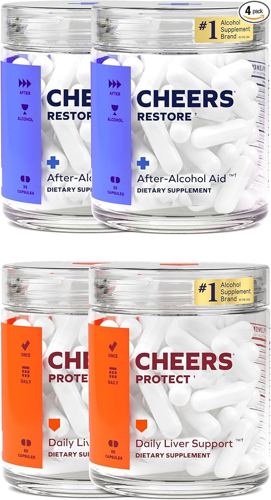 Cheers Liver Combo | Restore + Protect | Support Your Liver & Feel Better After Drinking | DHM, L-Cysteine, Milk Thistle, Prickly Pear, B-Vitamins | 24 Doses Restore, 60 Doses Protect | Supplements