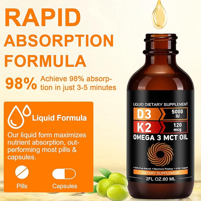 Vitamin D3 5000 IU & K2 (MK-7) 120 mcg 60ml Drops with MCT Oil Omega 3, Liquid Vitamin D3 & K2 Supplements - 2 Months Supply -Supports Bones, Teeth, Mood & Immune System, Calcium Absorption