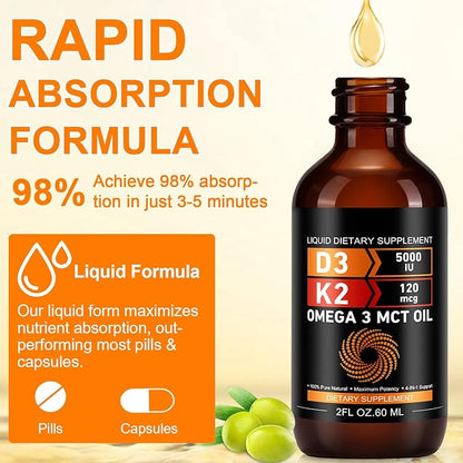 Vitamin D3 5000 IU & K2 (MK-7) 120 mcg 60ml Drops with MCT Oil Omega 3, Liquid Vitamin D3 & K2 Supplements - 2 Months Supply -Supports Bones, Teeth, Mood & Immune System, Calcium Absorption