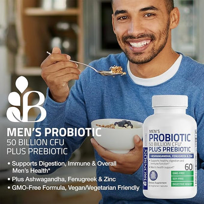 Bronson Men's Probiotic 50 Billion CFU Plus Prebiotic with Ashwagandha, Fenugreek & Zinc, Supports Healthy Digestion & Immune Function Non-GMO, 60 Vegetarian Capsules