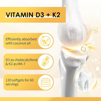 Vitamin D3 K2 Supplement with Vitamin D3 5000 IU, 200 mcg Vitamin K2 MK-7 & Natural Coconut Oil, Plant Based 2-1 Formula for Bone, Teeth, Muscle and Immune Health Support,60 Softgel Capsules, Apple