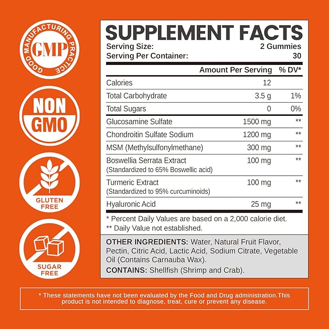 Glucosamine Chondroitin Gummies Sugar Free, Joint Support Gummies Supplements for Adults Men & Women, 1500mg Glucosamine Chewables with MSM Turmeric, 120 Count