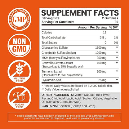 Glucosamine Chondroitin Gummies Sugar Free, Joint Support Gummies Supplements for Adults Men & Women, 1500mg Glucosamine Chewables with MSM Turmeric, 120 Count