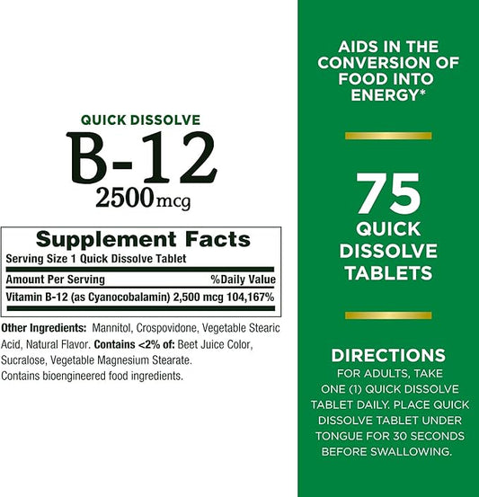 Nature's Bounty Vitamin B12 2500 mcg, 75 Quick