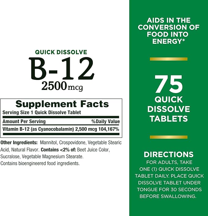 Nature's Bounty Vitamin B12 2500 mcg, 75 Quick