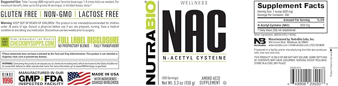 NutraBio N-Acetyl Cysteine Supplement (NAC) 150 Grams 600mg Serving