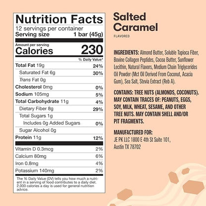 Perfect Keto Collagen Protein Bar, Gluten Free with Grass Fed Collagen + MCT Oil, Low Carb, No Sugar Added, High Protein Snacks, Keto Diet Foods, 10g Protein, 19g Fat, 2g Net Carbs, Salted Caramel, 12 Bars