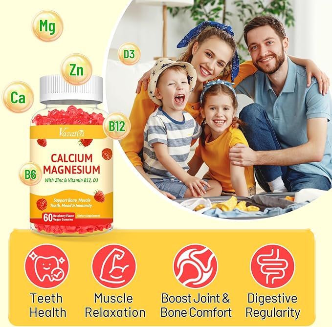 2 Pack Calcium Magnesium Zinc Gummies D3 & B12, Sugar