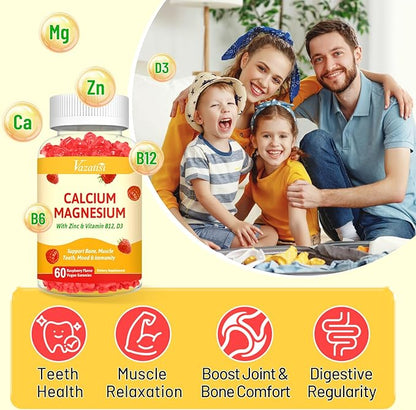 2 Pack Calcium Magnesium Zinc Gummies D3 & B12, Sugar