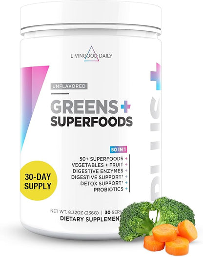 Livingood Daily Greens Superfood Powder (Unflavored) - Super Greens Powder for Gut Health - Green Juice Powder Supplement with Spirulina, Chlorella, Enzymes, & Probiotics for Liver & Digestive Support