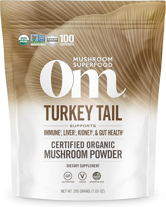 OM MUSHROOM SUPERFOOD Turkey Tail Organic Mushroom Powder Pouch, 7.05 Ounce, 100 Servings, Immune Support, Polysacchrides, Beta-Glucans, Gut Health & Holistic Defense Mushroom Supplement