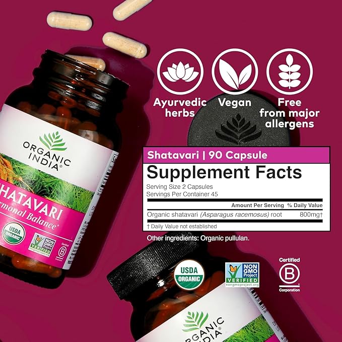 ORGANIC INDIA Shatavari Capsules - Herbal Supplement, Supports Hormonal Balance, Immune System Support, Vegan, Gluten-Free, USDA Organic, Supports Reproductive Health - 180 Capsules