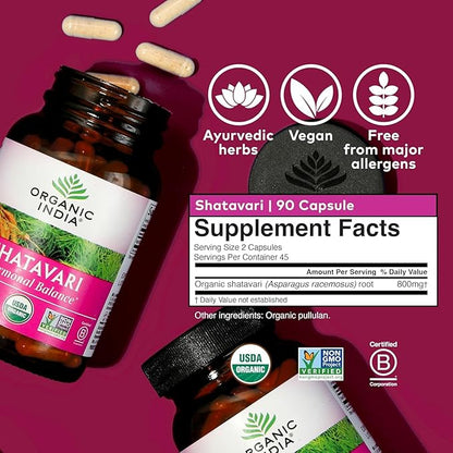 ORGANIC INDIA Shatavari Capsules - Herbal Supplement, Supports Hormonal Balance, Immune System Support, Vegan, Gluten-Free, USDA Organic, Supports Reproductive Health - 180 Capsules