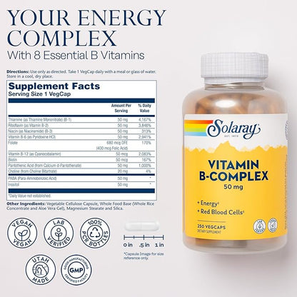 SOLARAY Vitamin B Complex 50mg B12, B6 B6 and 250 VegCaps