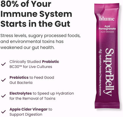 Blume SuperBelly Gut Health and On-The-Go Hydration Packets, Sugar-Free, with Prebiotics, Probiotics, Apple Cider Vinegar, Vitamin C, and Electrolytes, Açai Pomegranate, 15 Sticks
