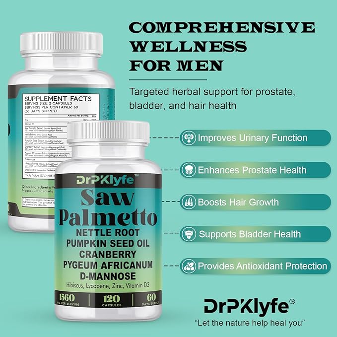 Internist Recommended, 30 yrs Exp. : Saw Palmetto, Nettle Root, Pumpkin Seed Oil, Cranberry, Pygeum Africanum,D-Mannose, Hibiscus,Lycopne: 1560 mg:Bladder, Prostate & Hair Health.