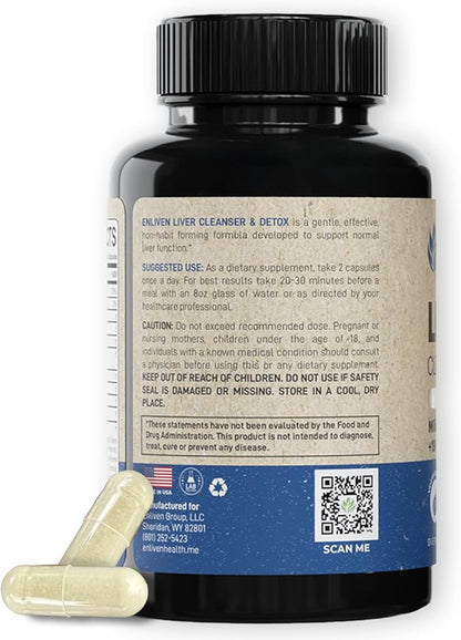 enliven Liver Cleanse Detox & Repair Supplement | Supports Liver Health with Milk Thistle, Dandelion Artichoke | Non-GMO Fatty Liver Support - Men & Women | Made in The USA (60 Capsules)