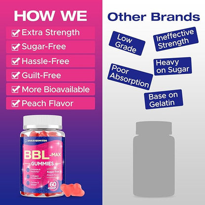Booty Gummies for Butt Growth and HIPS - BBL Gummies for Bigger Butt - Bum Gummies with Multivitamins and Herbal Extracts for Natural Curves - Peach Flavor - 60 Gummies