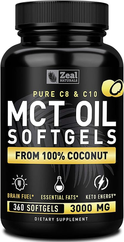Pure MCT Oil Capsules (360 Softgels | 3000mg) 4 Month Supply Keto Pills w Unrefined Coconut - C10 & C8 Brain Fuel, Energy, Octane Ketosis