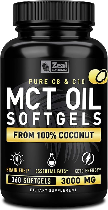 Pure MCT Oil Capsules (360 Softgels | 3000mg) 4 Month Supply Keto Pills w Unrefined Coconut - C10 & C8 Brain Fuel, Energy, Octane Ketosis