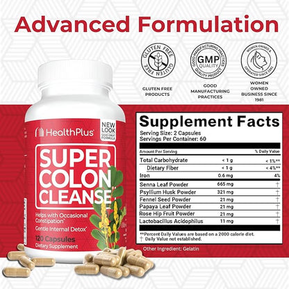 Health Plus Super Colon Cleanse 10 Day Gentle Gut Cleanse Detox, Psyllium Husk, Probiotics for Constipation Relief & Digestive Support, 120 Capsules