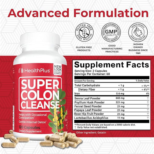 Health Plus Super Colon Cleanse 10 Day Gentle Gut Cleanse Detox, Psyllium Husk, Probiotics for Constipation Relief & Digestive Support, 120 Capsules