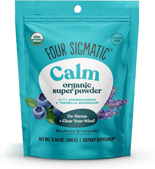 Four Sigmatic Calm Super Powder | Organic Superfood Powder with Magnesium Citrate, Organic Chamomile Extract, and Tremella Mushroom Extract | Blueberry Drink Mix (4.94 oz.)