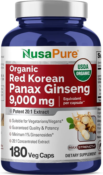 NusaPure Red Korean Panax Ginseng 9,000mg 180 Veggie 20:1)