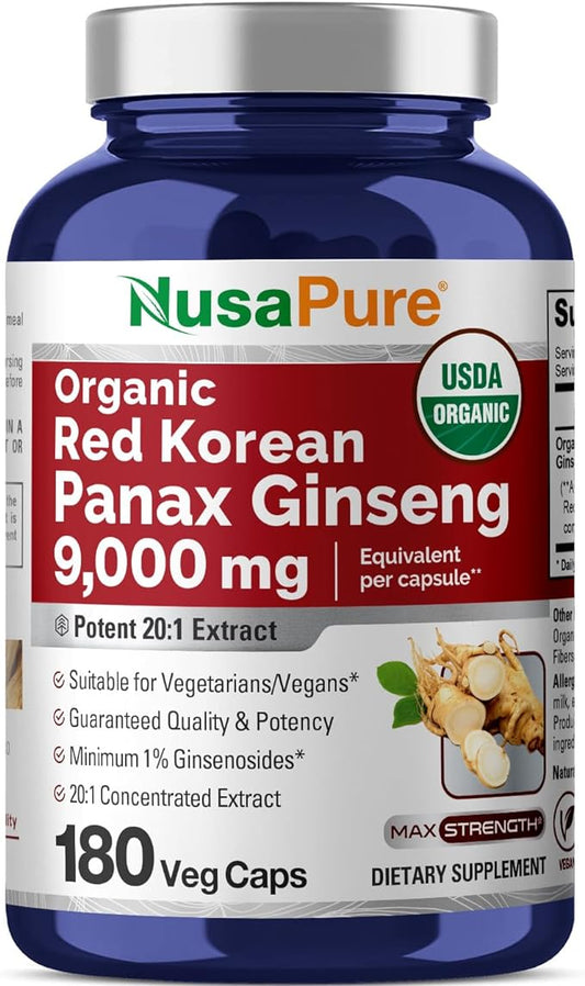NusaPure Red Korean Panax Ginseng 9,000mg 180 Veggie 20:1)