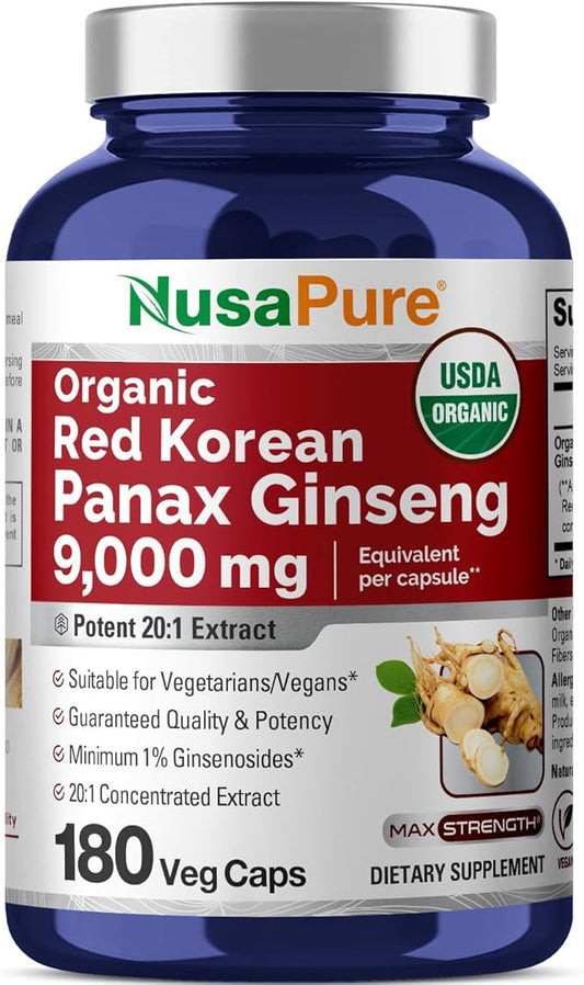 NusaPure Red Korean Panax Ginseng 9,000mg 180 Veggie 20:1)