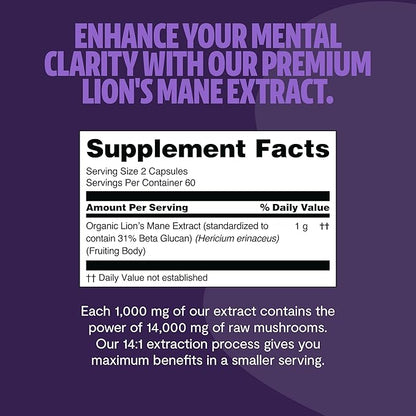 FreshCap Lions Mane Supplement Capsules 14,000mg - Lion's Mane Mushroom Capsules, Lions Mane Extract, Lion Mane Mushroom Supplement, Ayurveda Lions Mane Mushroom Capsules (120 Capsules)