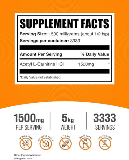 BulkSupplements.com Acetyl L-Carnitine Powder - ALCAR Powder, Acetyl L-Carnitine 1500mg, Carnitine Supplement - Gluten Free, 1500mg per Serving, 5kg (11 lbs) (Pack of 5)