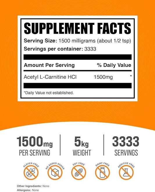 BulkSupplements.com Acetyl L-Carnitine Powder - ALCAR Powder, Acetyl L-Carnitine 1500mg, Carnitine Supplement - Gluten Free, 1500mg per Serving, 5kg (11 lbs) (Pack of 5)